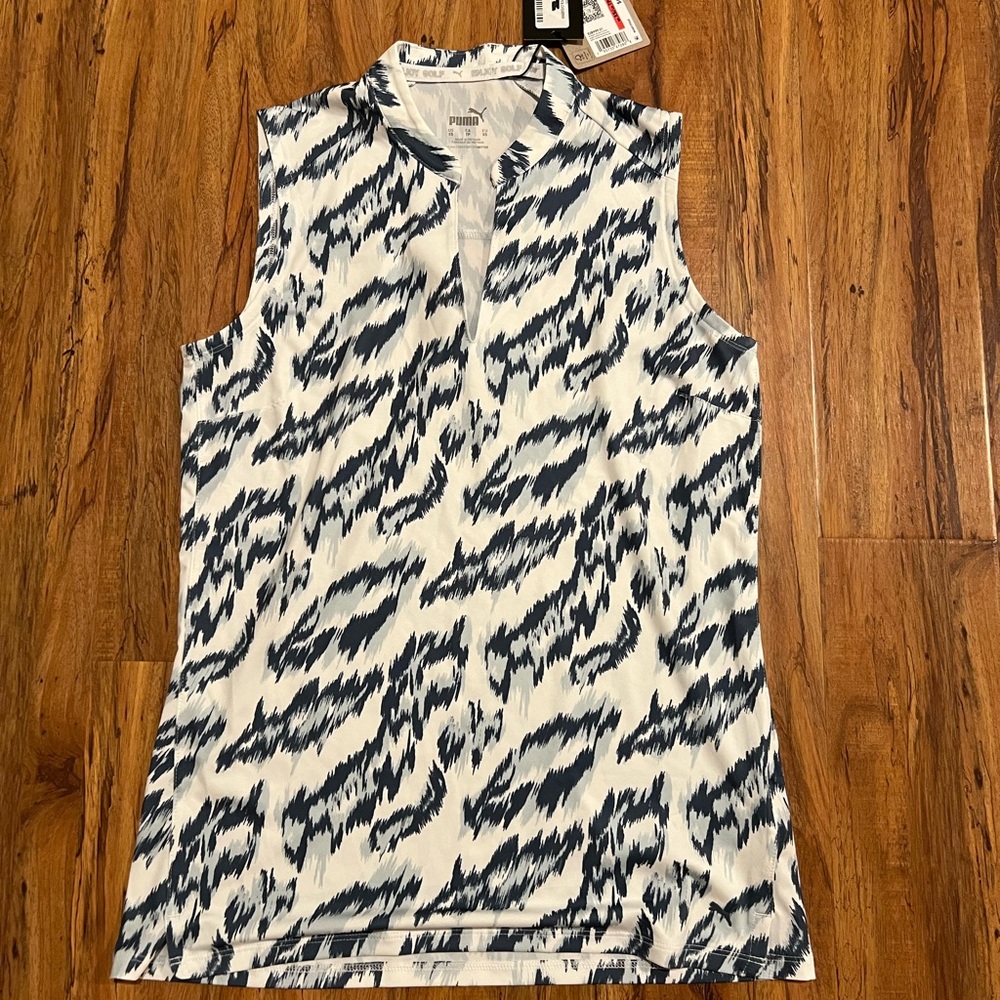 Puma White and Navy Abstract Sleeveless Golf Polo